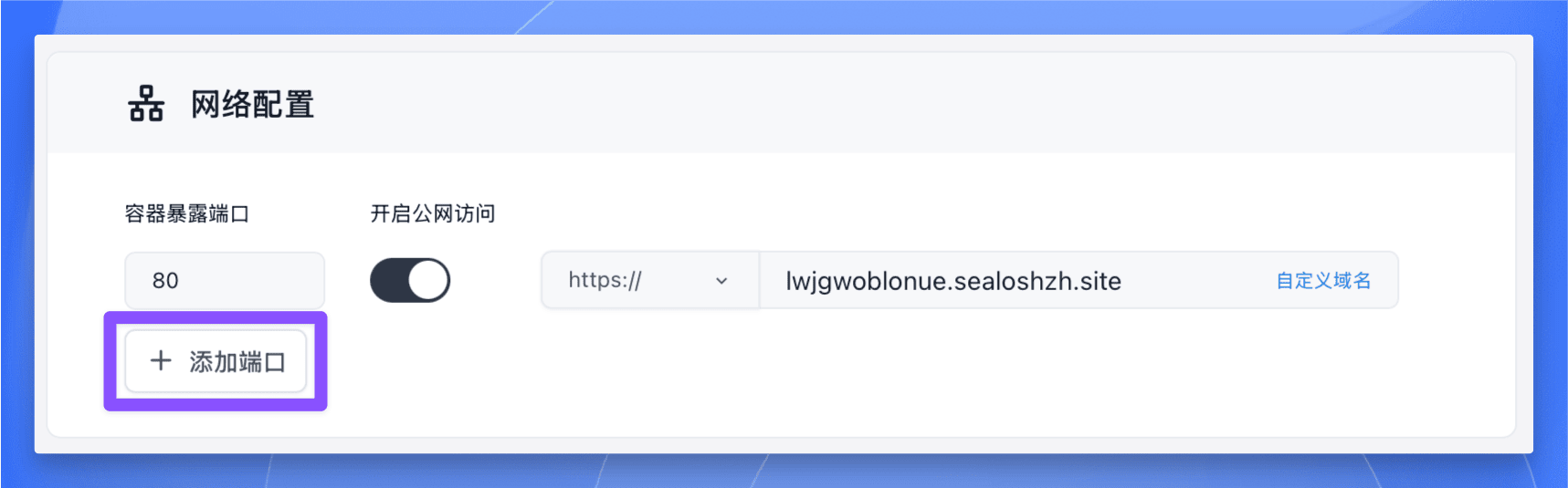Sealos 应用管理多端口配置界面